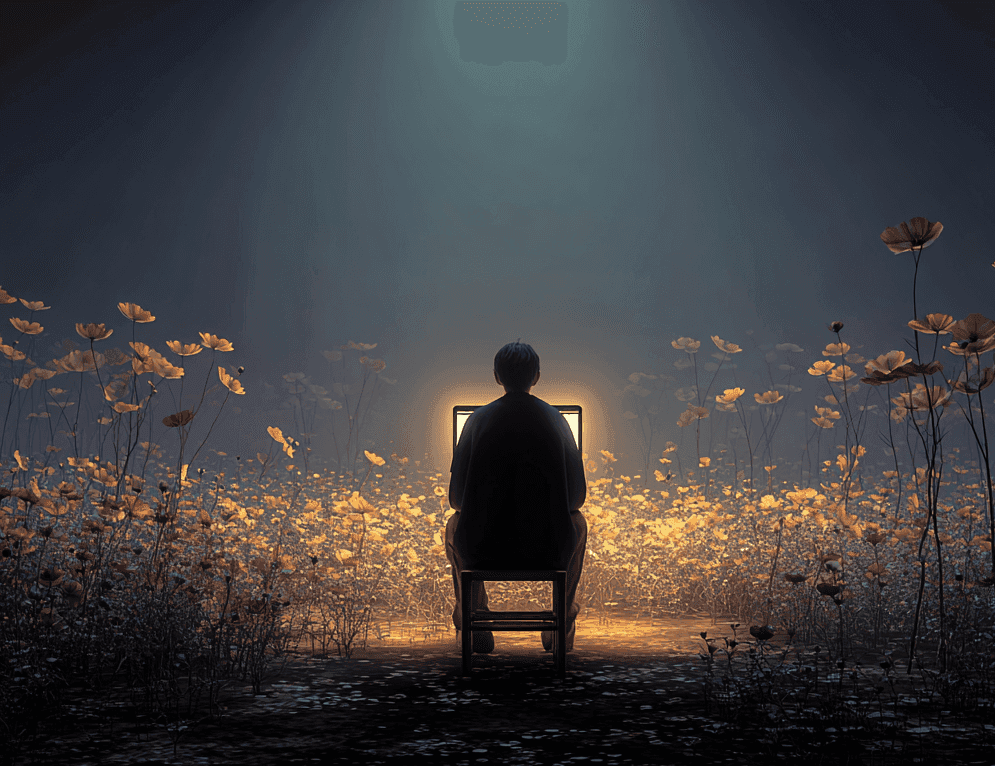 Person seated in a dimly lit room – a moment from the Flubble digital studio team