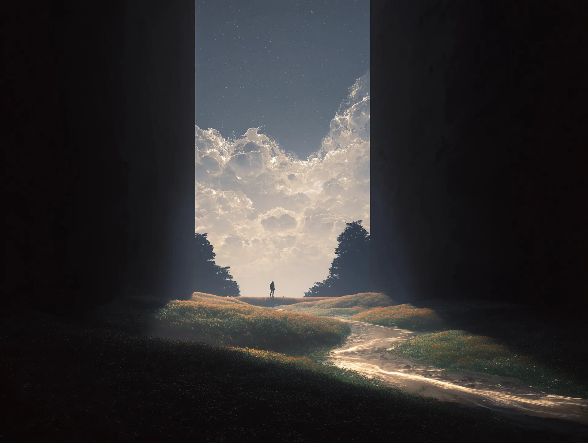 Flubble software studio – a figure walking through a narrow valley lit by light, a hero image symbolising digital transformation and innovative software solutions