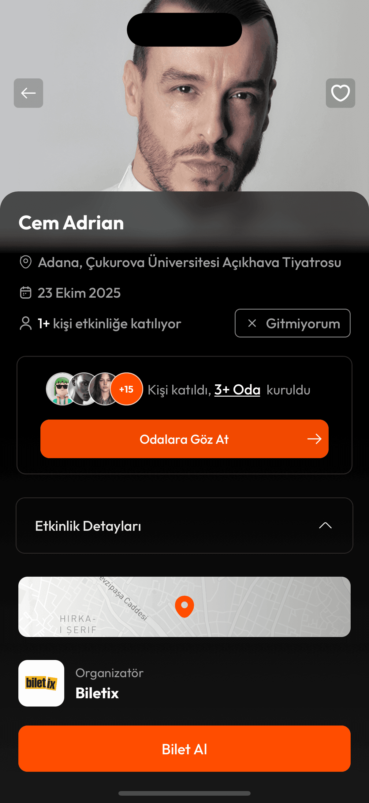 EventGo etkinlik detay ekranı — konum, tarih, organizatör ve bilet satın alma