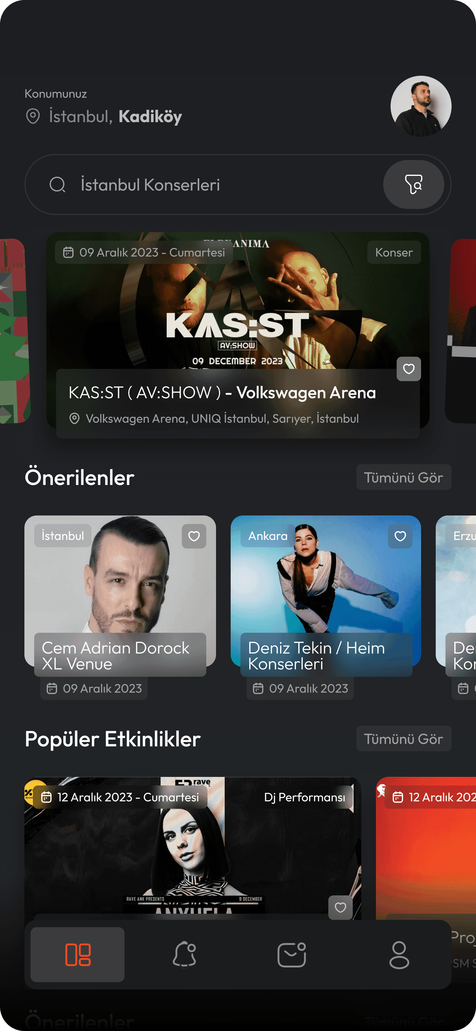 EventGo etkinlik keşif ekranı — kişiselleştirilmiş konser ve festival önerileri