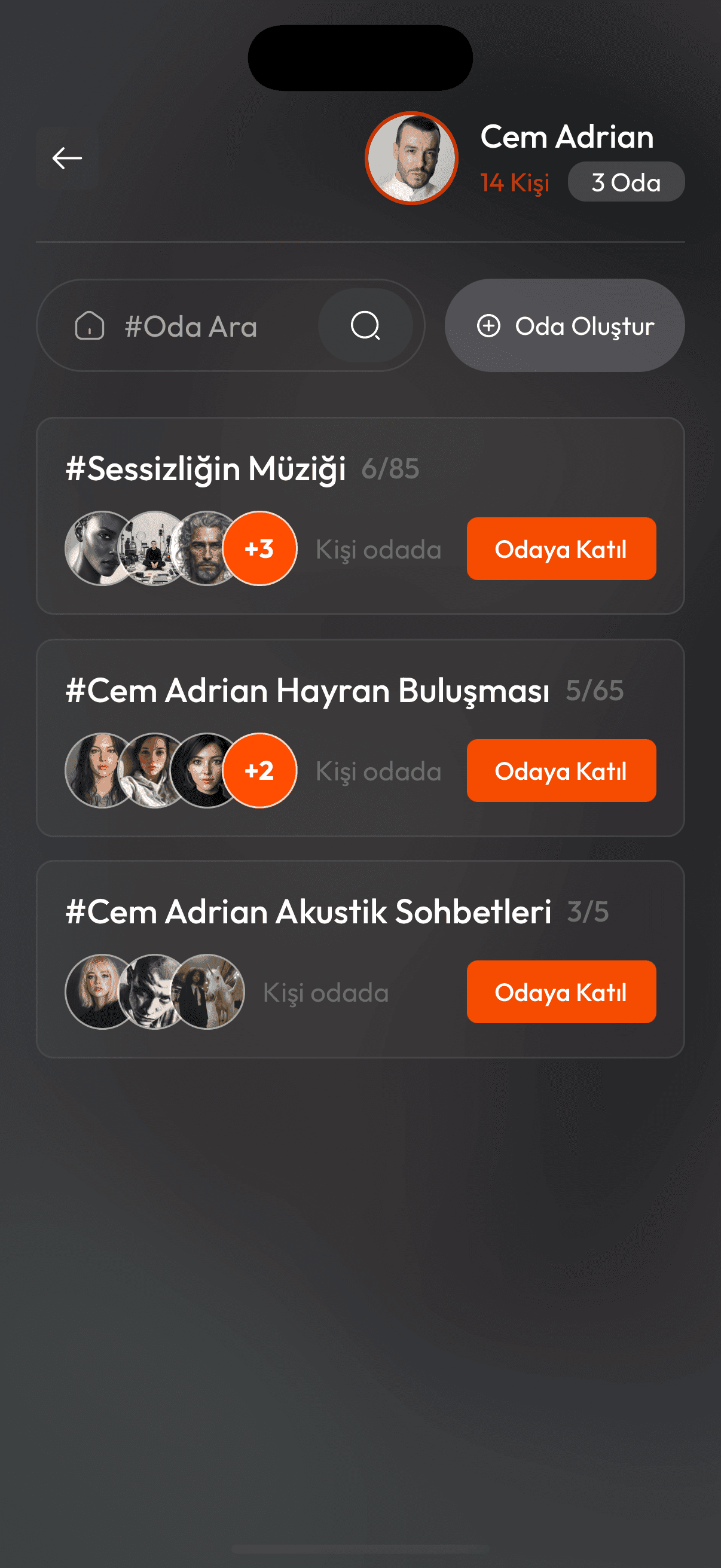 EventGo etkinlik odaları ekranı — katılımcıların kurduğu sohbet odaları listesi