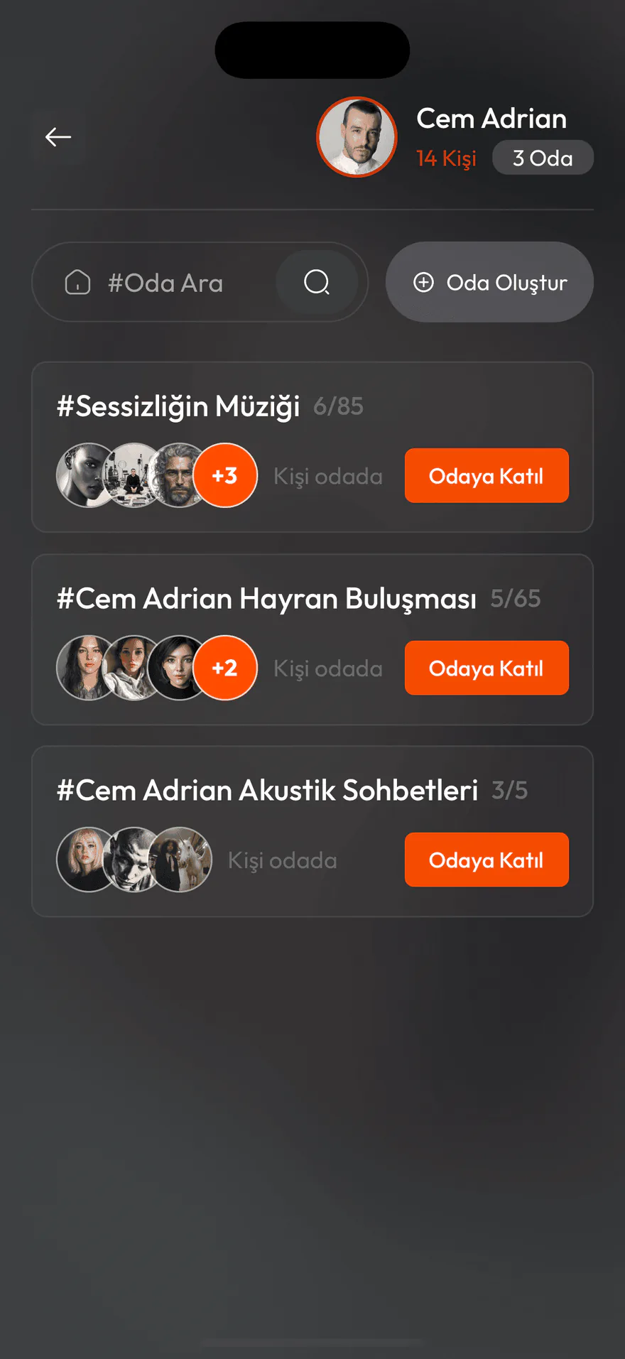EventGo etkinlik odaları ekranı — katılımcıların kurduğu sohbet odaları listesi