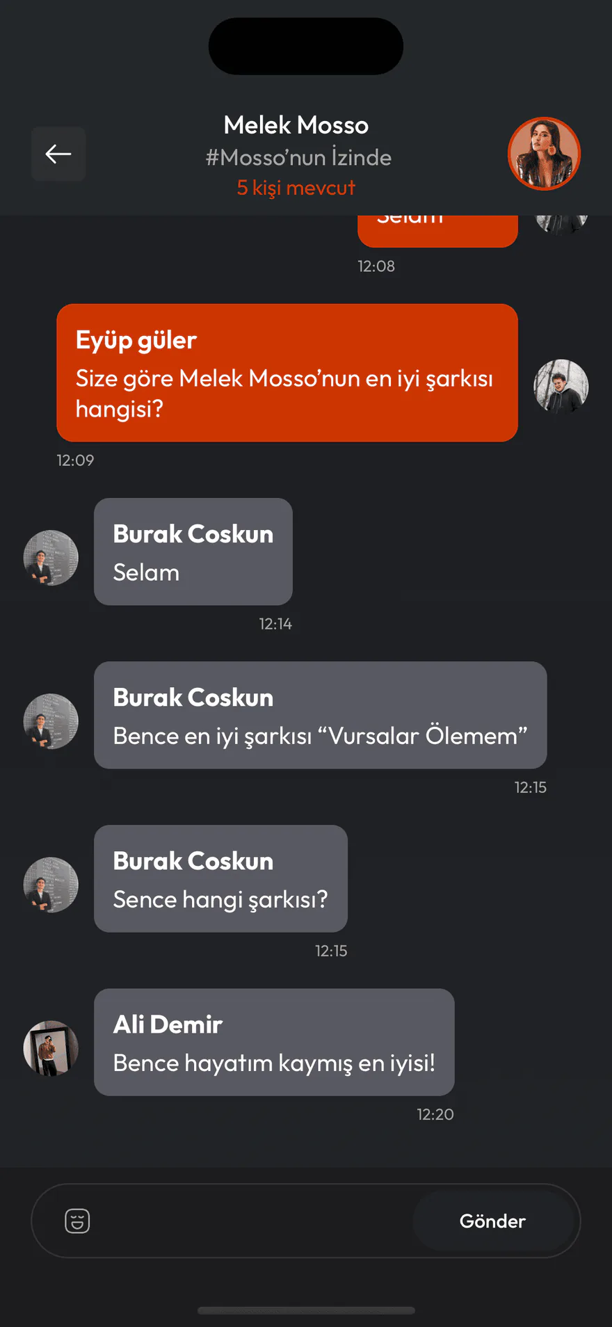 EventGo oda sohbet ekranı — katılımcıların gerçek zamanlı mesajlaşması