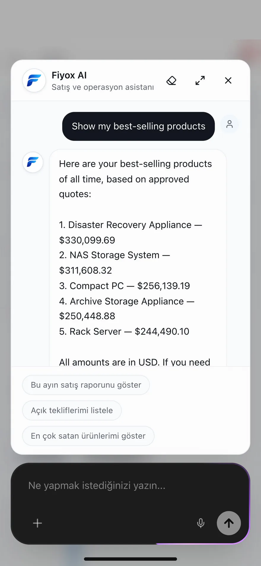Fiyox AI chat screen – a list of best-selling products