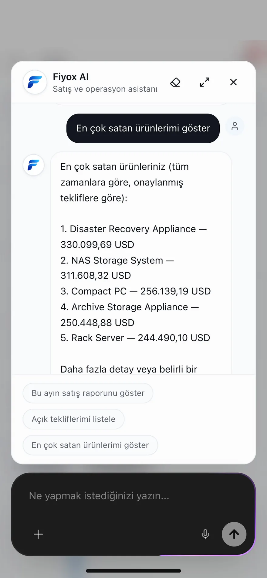 Fiyox AI sohbet ekranı – en çok satan ürünlerin listesi