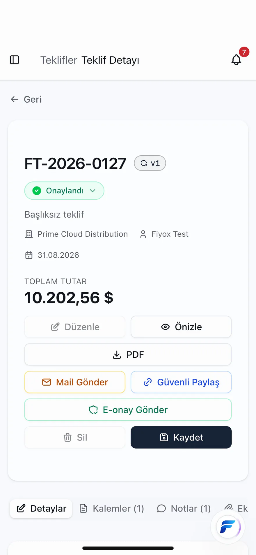 Fiyox teklif detayı – PDF, e-posta, güvenli paylaşım ve e-onay düğmeleri