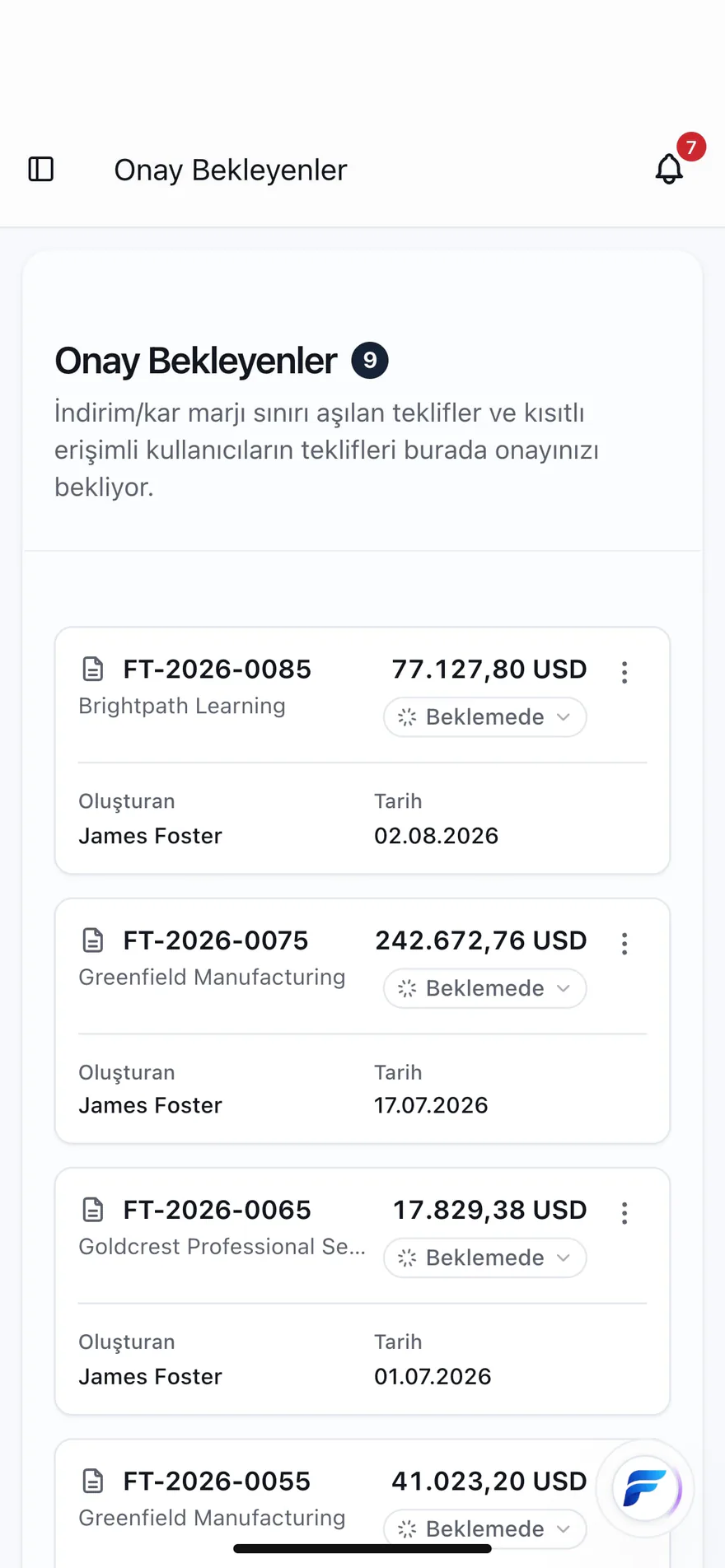 Fiyox onay bekleyenler ekranı – indirim sınırını aşan teklifler
