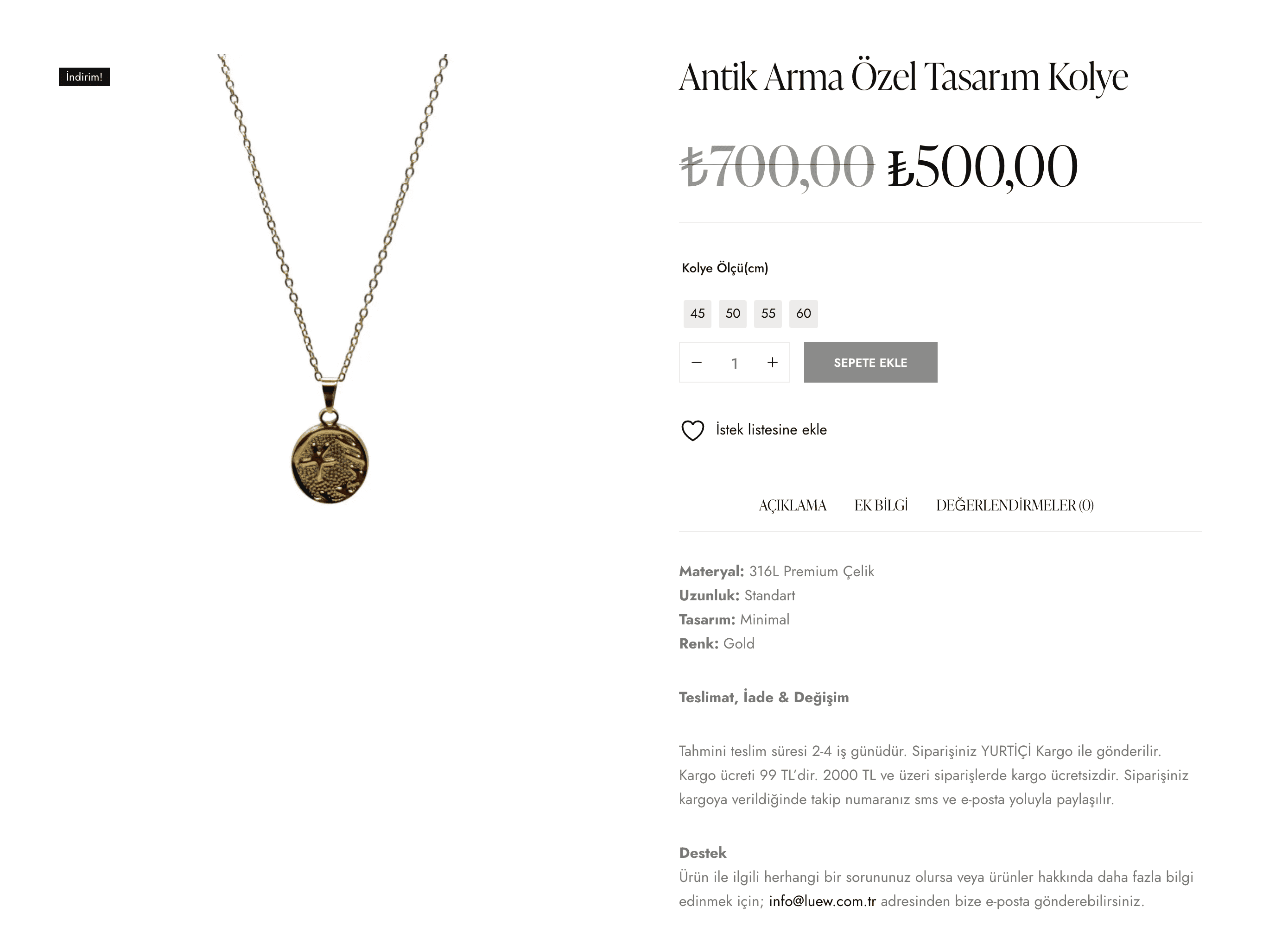 Luew ürün detay sayfası — antik arma kolyenin tanıtımı