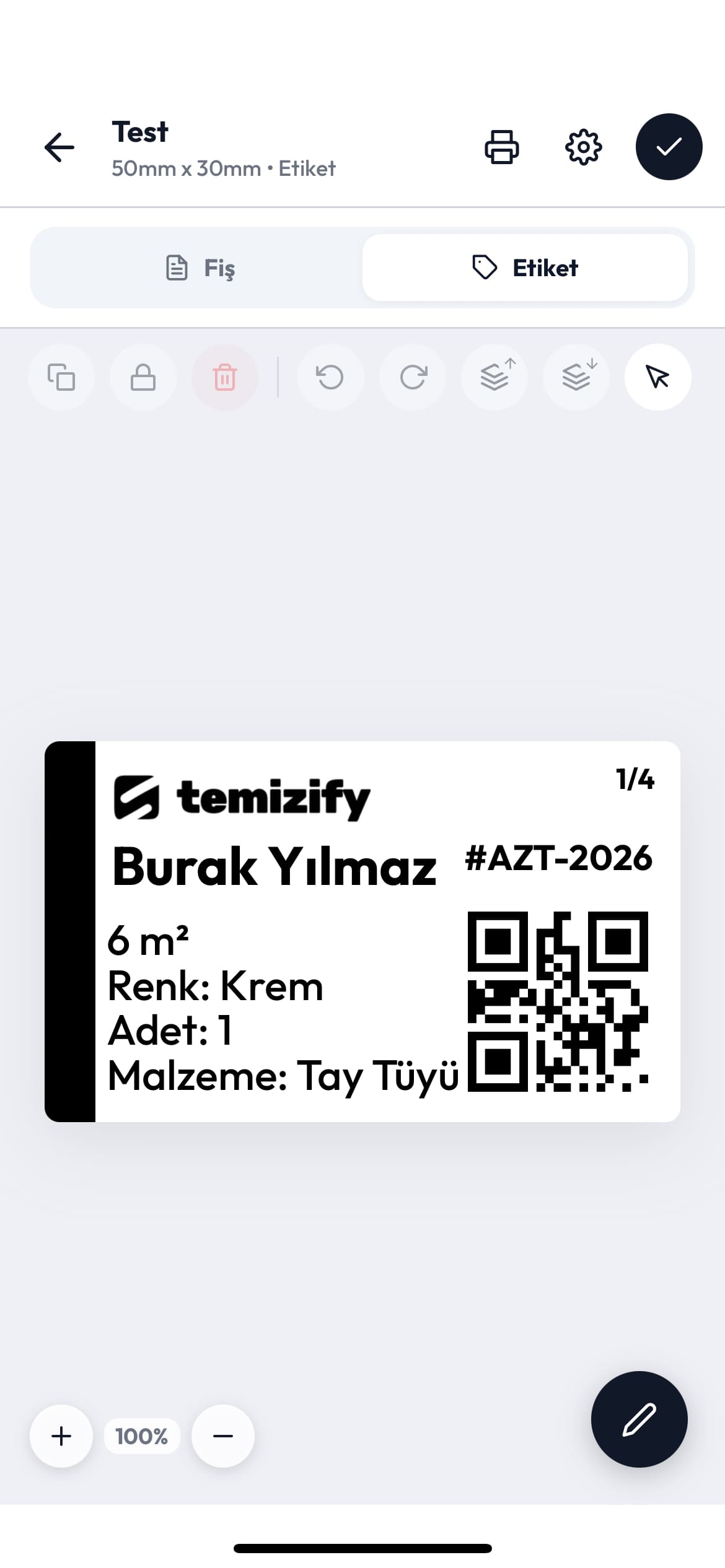 Temizify etiket tasarım ekranı – QR kodlu, metrekare ve malzeme bilgili parça etiketi