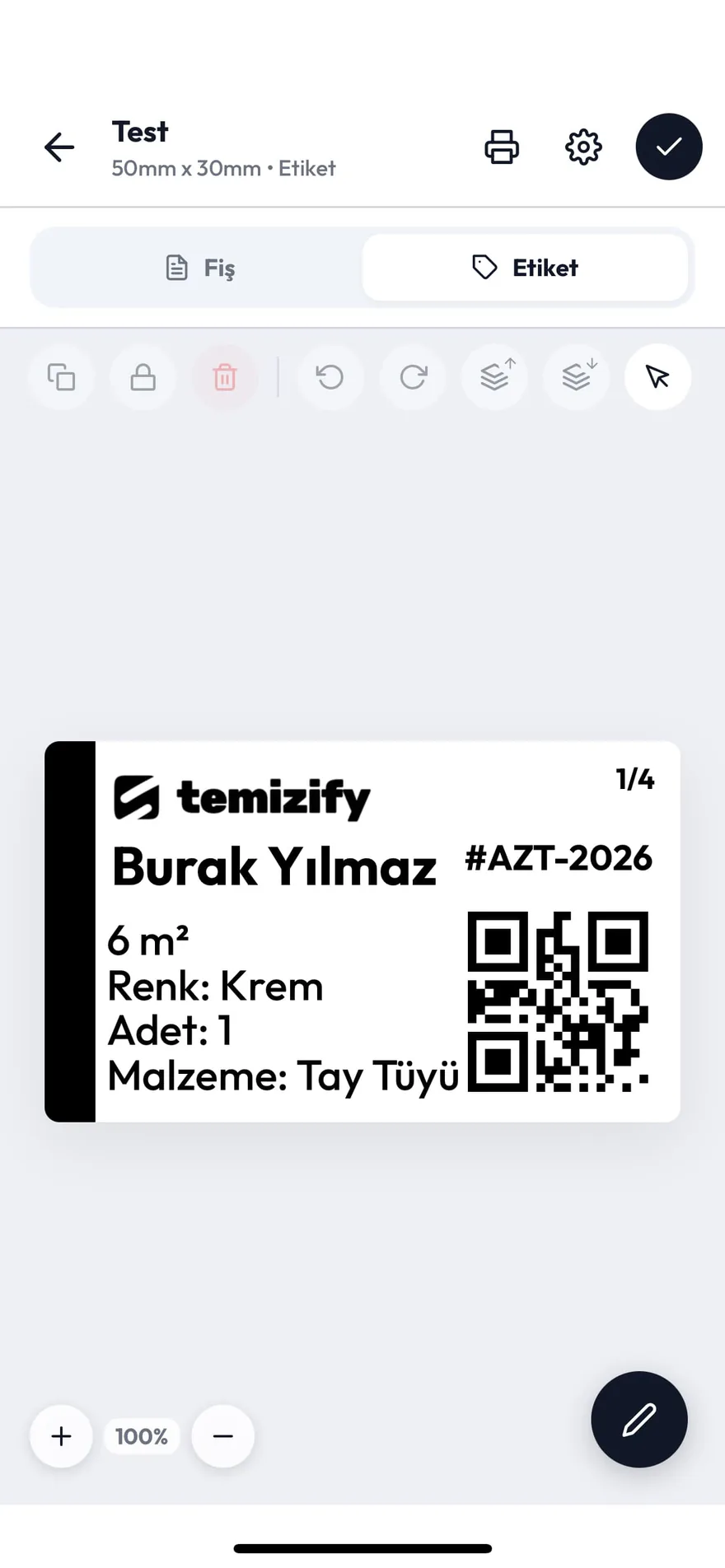 Temizify etiket tasarım ekranı – QR kodlu, metrekare ve malzeme bilgili parça etiketi