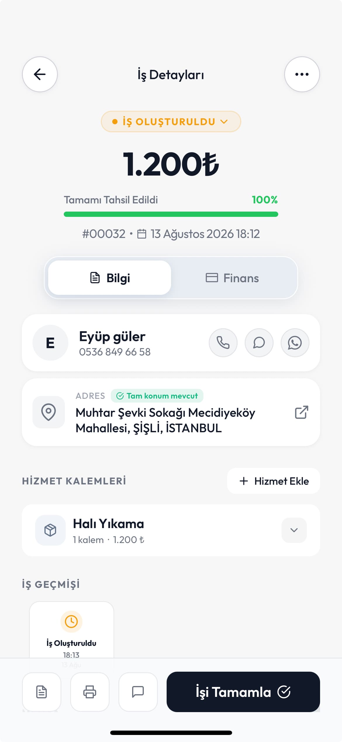 Temizify iş detayı ekranı – durum, tahsilat oranı, müşteri iletişimi ve iş geçmişi