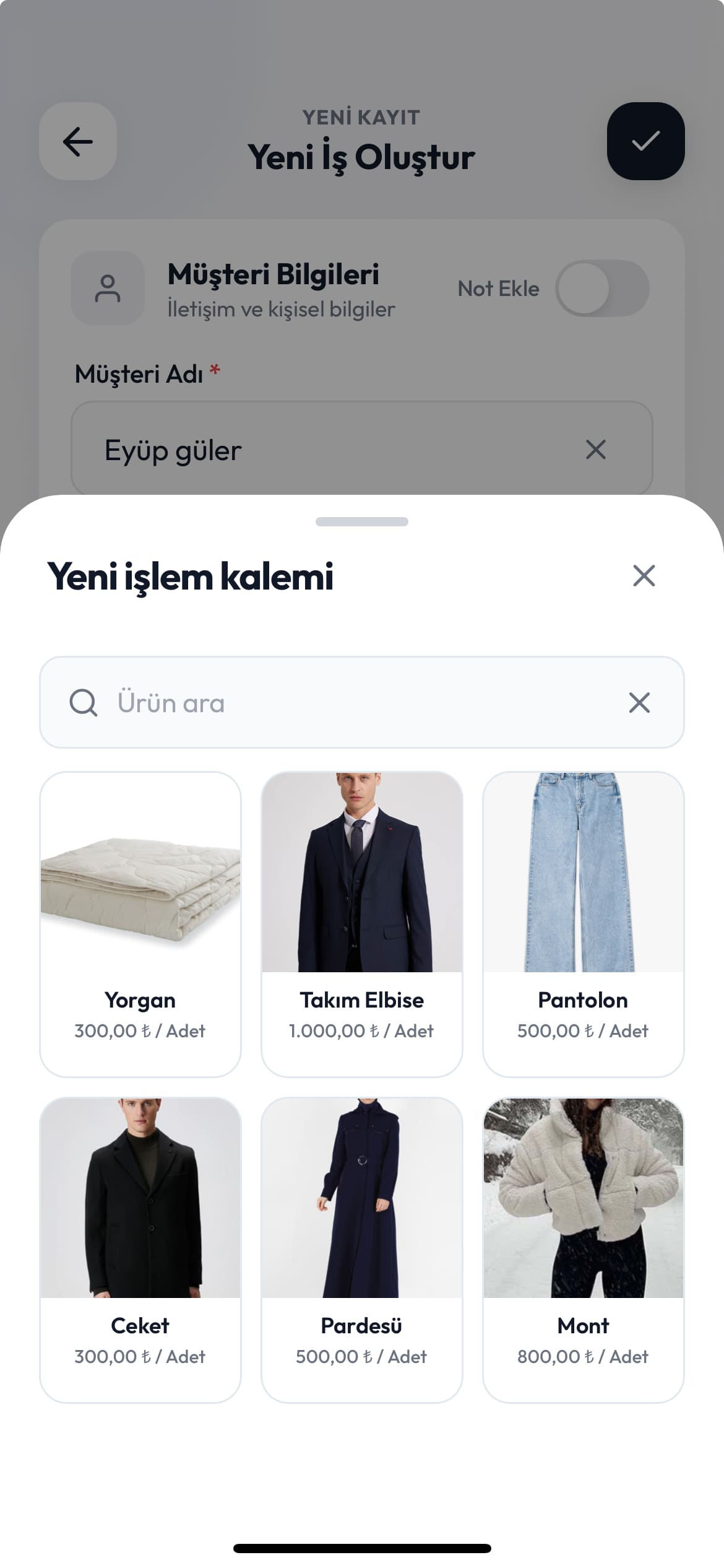 Temizify yeni iş oluşturma ekranı – müşteri bilgisi ve fiyatlı hizmet kataloğu